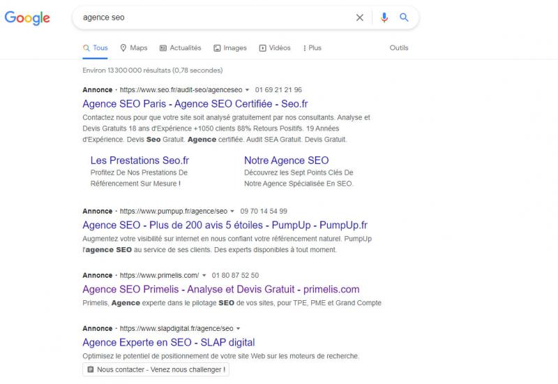 Résultats sur le moteur de recherche Google : annonces en haut de page