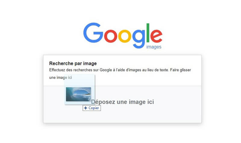 Glisser votre image dans la barre de recherche Google