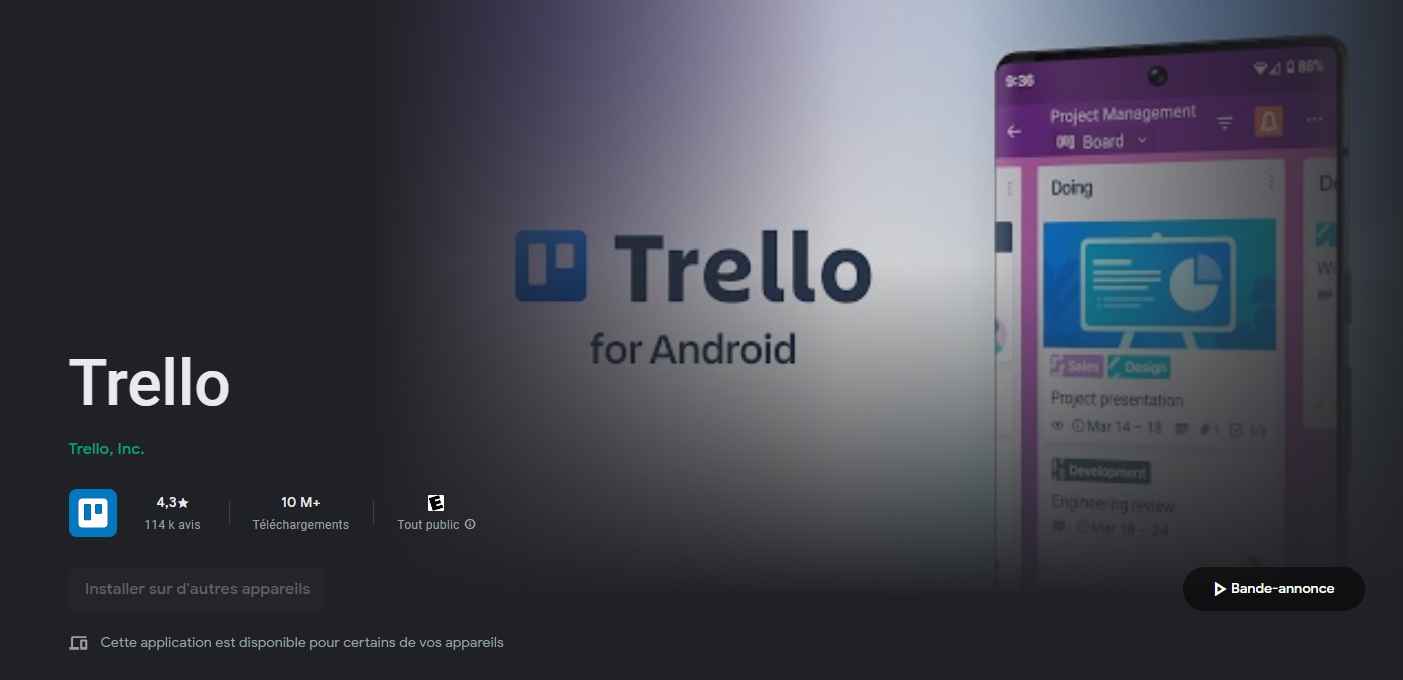 Application mobile Trello pour Android