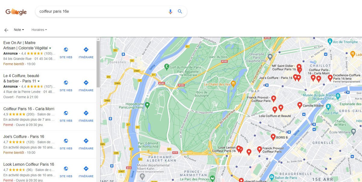 Exemple de pack local sur Google avec « coiffeur Paris 16e »