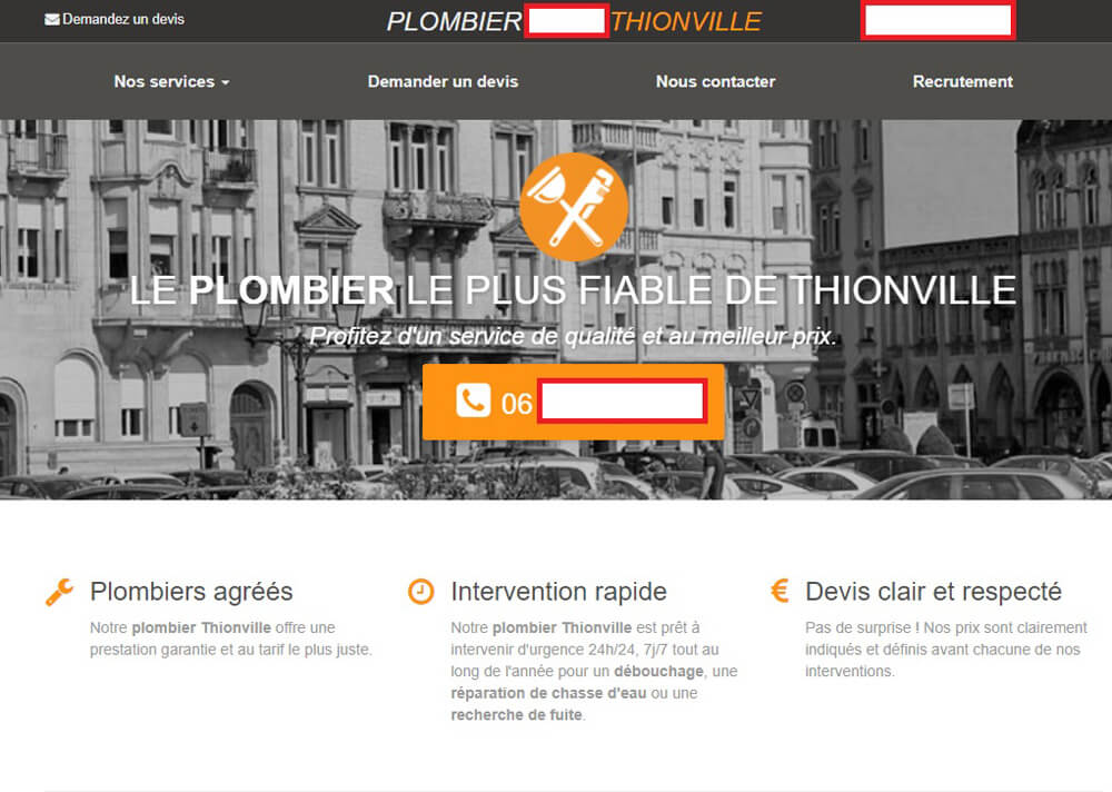 Exemple de page de site avec seo local « plombier Thionville »