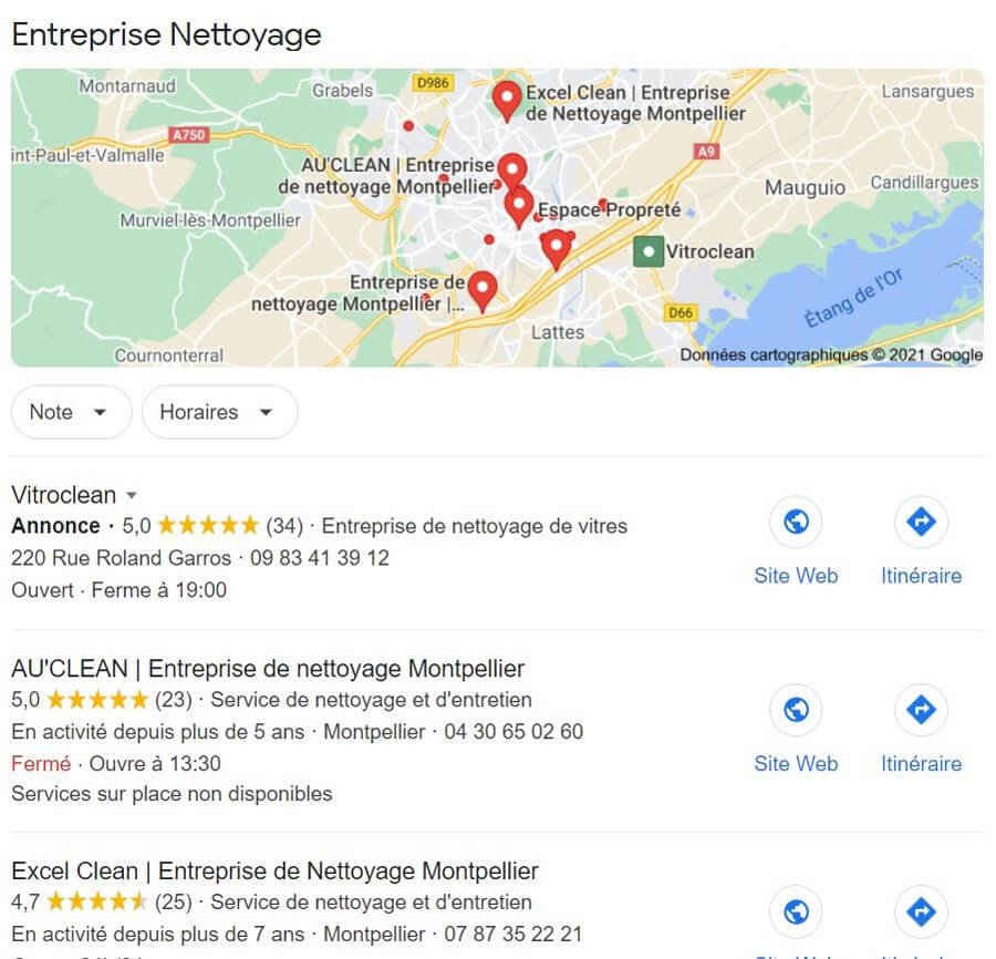 Exemple de SEO local Google avec « entreprise nettoyage Montpellier »