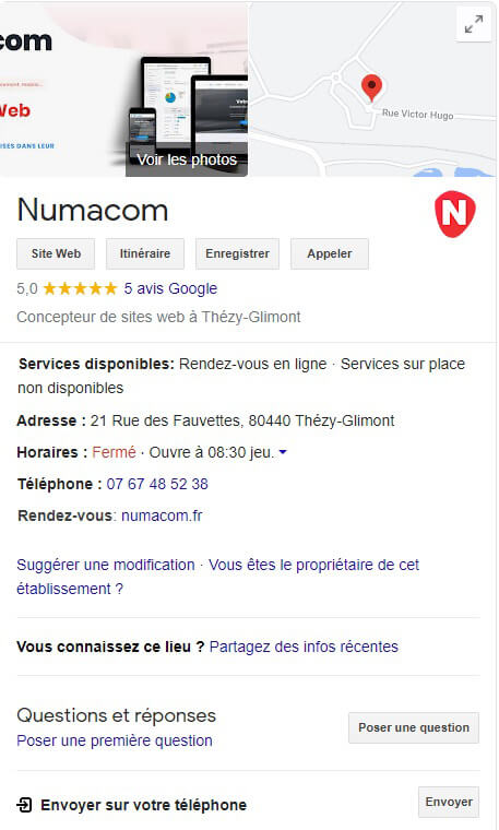 Fiche établissement de l'entreprise Numacom sur Google