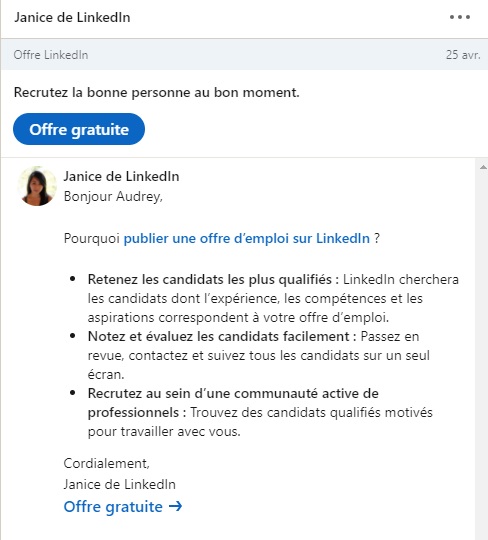 InMails LinkedIn pour les offres d'emploi