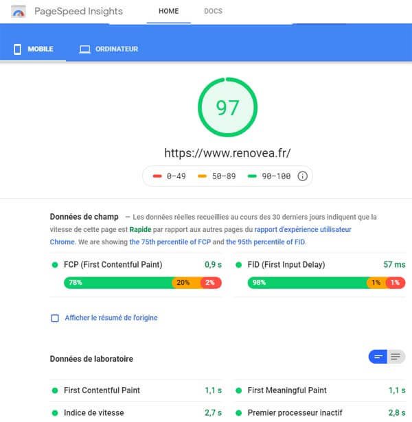 Résultats PageSpeed Insights du site Rénovéa sur mobile réalisé par Numacom