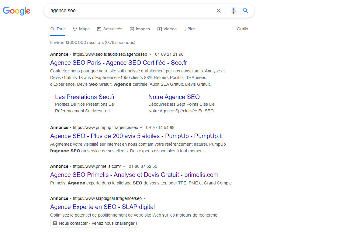 Résultats sur le moteur de recherche Google - annonces en haut de page