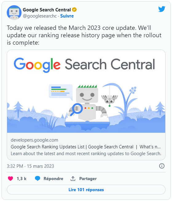 Tweet Google Search Central, March 2023 core update Google
