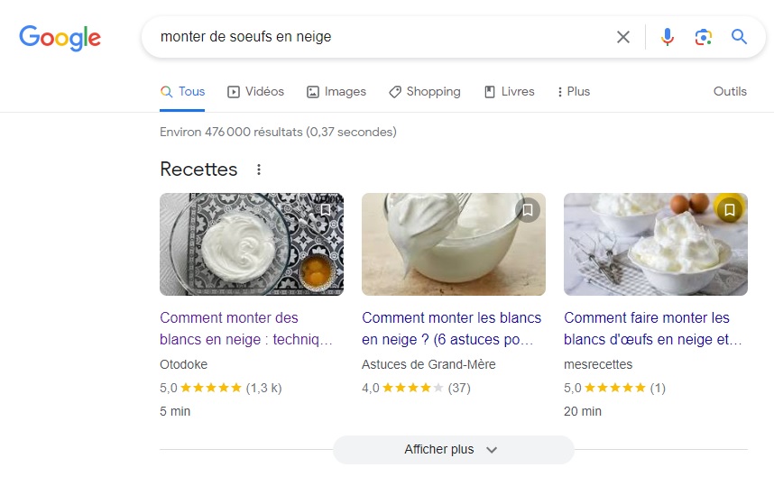 Recettes dans les SERP