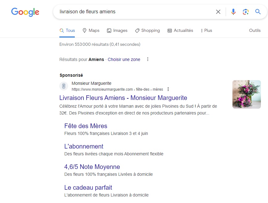 Résultats Google Ads requête livraison de fleurs amiens