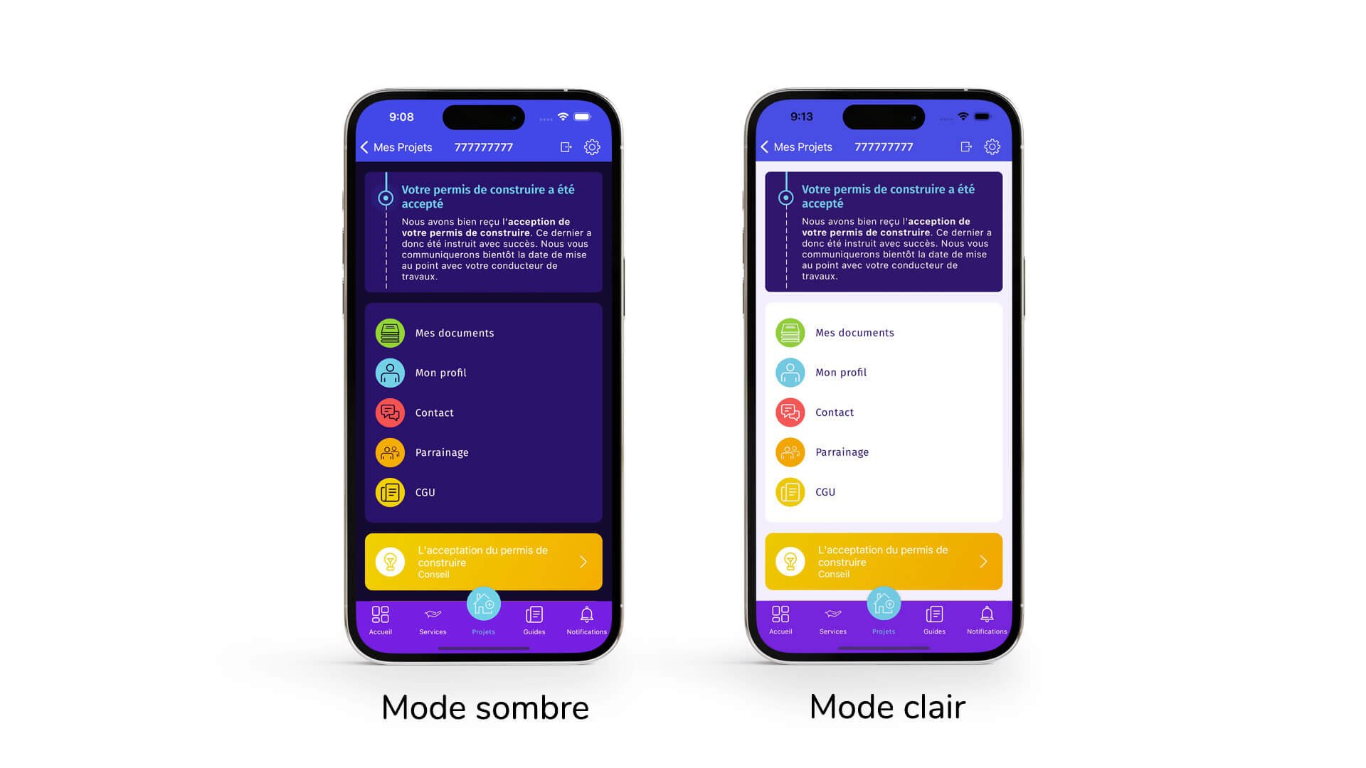 Mode sombre et mode clair de l'application mobile de l'Espace Projet BDL