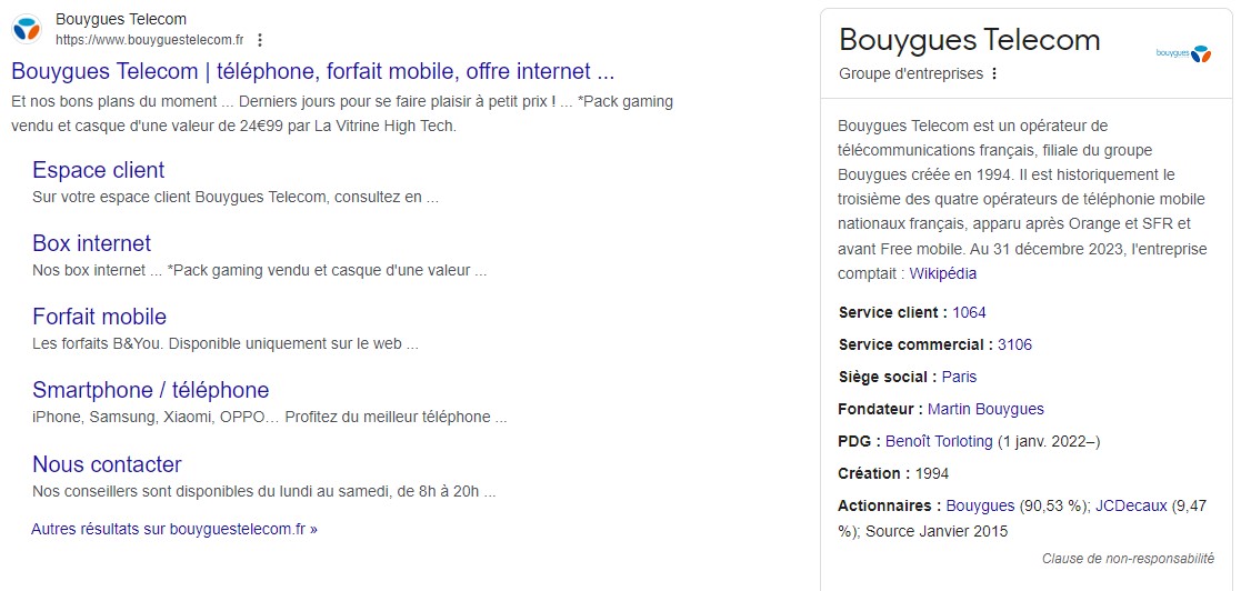 Exemple résultats enrichis entreprise sur Google