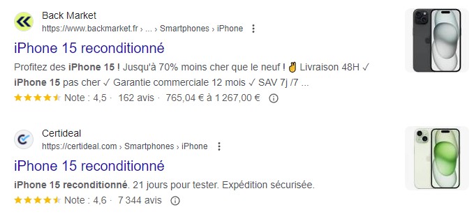 Exemple résultats enrichis produits consommation sur Google