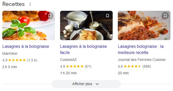 Exemple résultats enrichis recettes sur Google